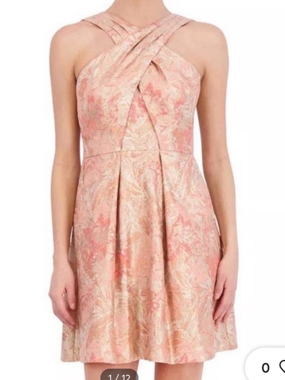 Vince Camuto Pink and Gold Brocade Cross-Neck Mini Dress